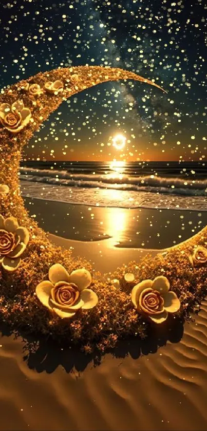 A glowing, flower-adorned crescent moon on a sandy beach at night.