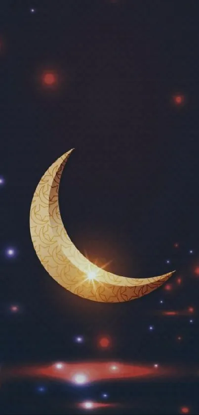 Mobile wallpaper with a golden crescent moon and stars on a deep blue background.