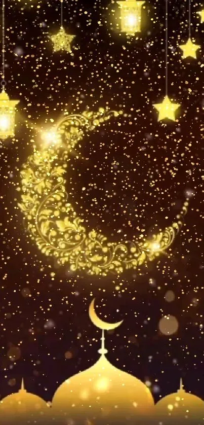Golden crescent moon with hanging stars and lanterns on a dark night sky.