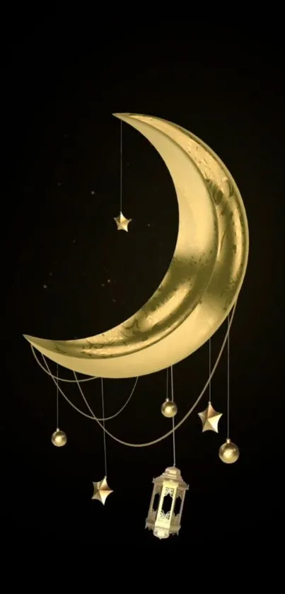 Golden crescent moon with lanterns and stars on a dark background.