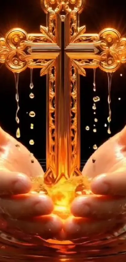 Golden cross held in hands above water with glowing lights.