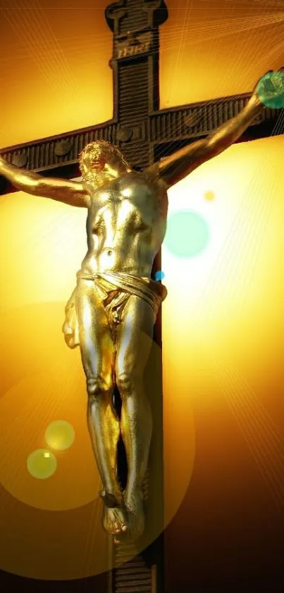 Golden cross with Jesus on glowing background.