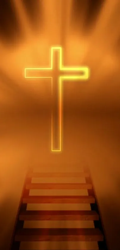 Golden cross shines over stairs in spiritual wallpaper.