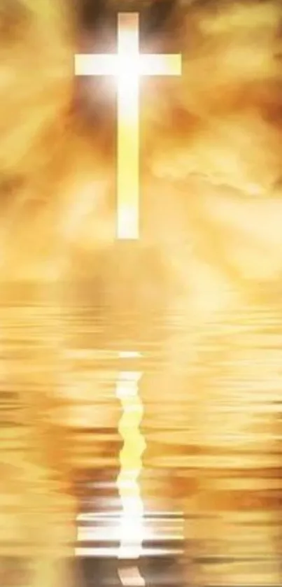 Mobile wallpaper of a glowing cross reflecting on golden waters.