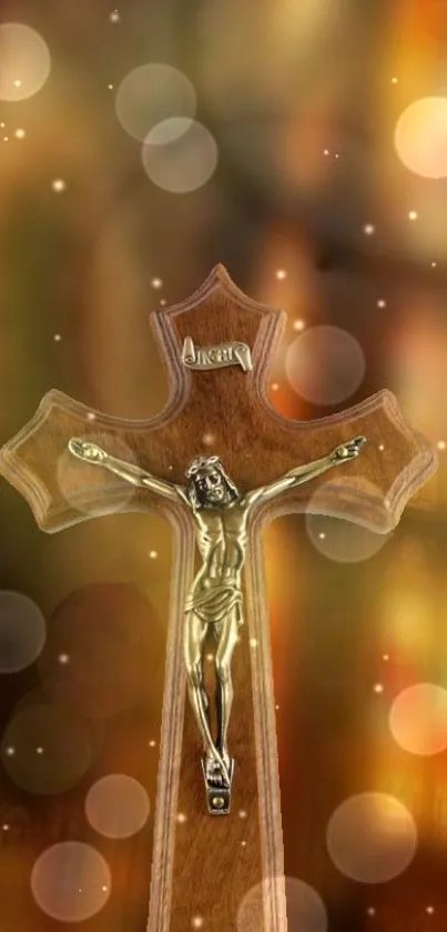 Golden cross with bokeh lights background.