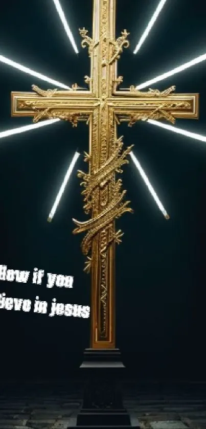 Golden cross with light beams on dark background.