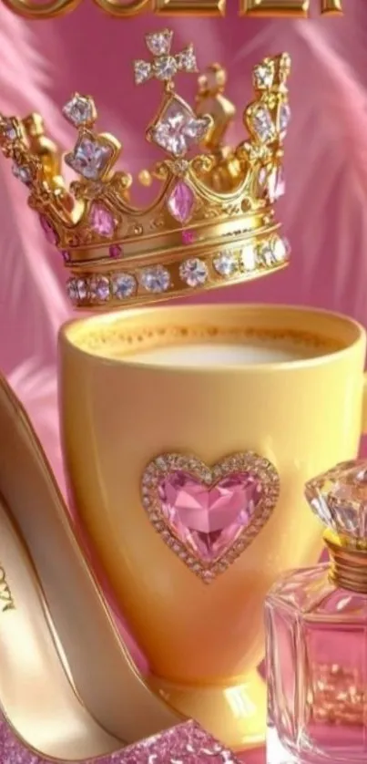 Golden crown and cup with pink heart in luxury setting.