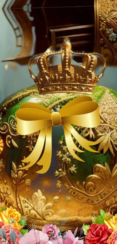 Gold adorned crown with floral patterns and vibrant colors, perfect for a royal touch.