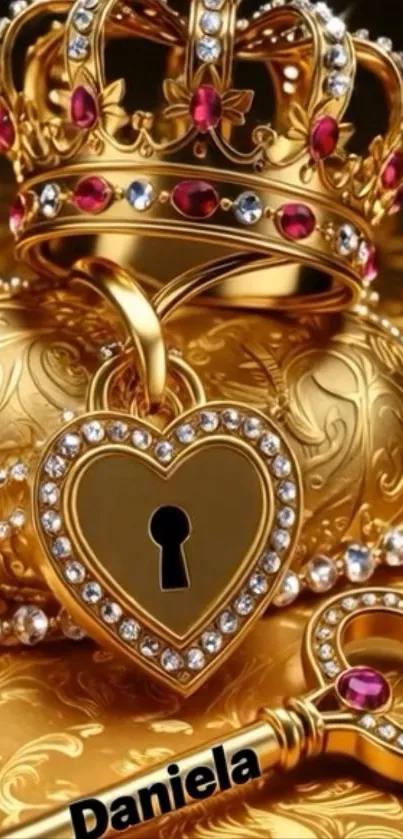 Luxurious golden crown with heart lock and jewels.