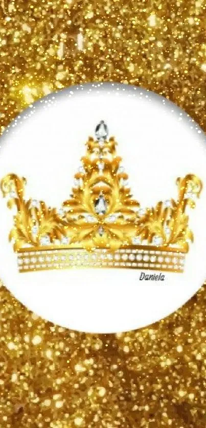 Golden crown on a glittery background.