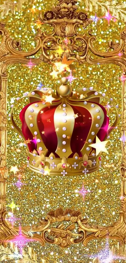 Golden crown on a glittery background with ornate frame.