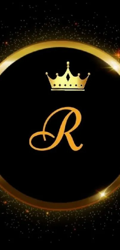 Gold crown and initial on black wallpaper.