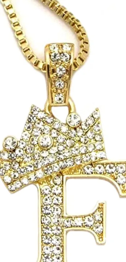 Golden F letter necklace with diamond crown design.