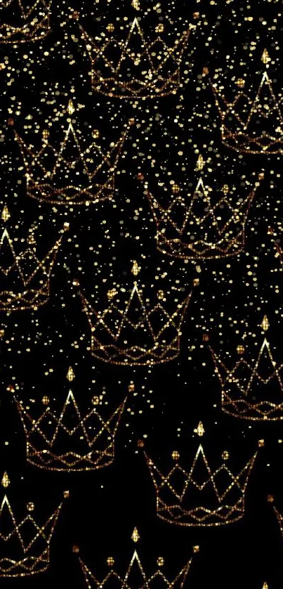 Elegant golden crown pattern on black background wallpaper.