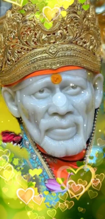 Sai Baba with golden crown and hearts.