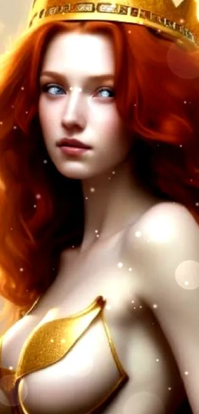 Fantasy woman with red hair, golden crown and armor.