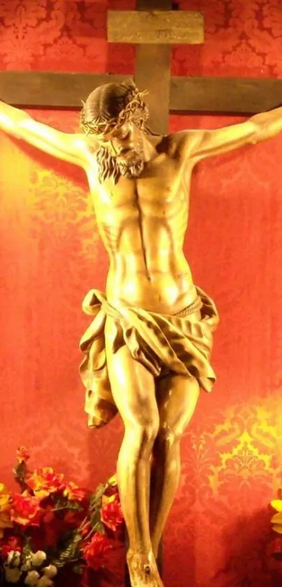 Golden crucifix with red floral background wallpaper.