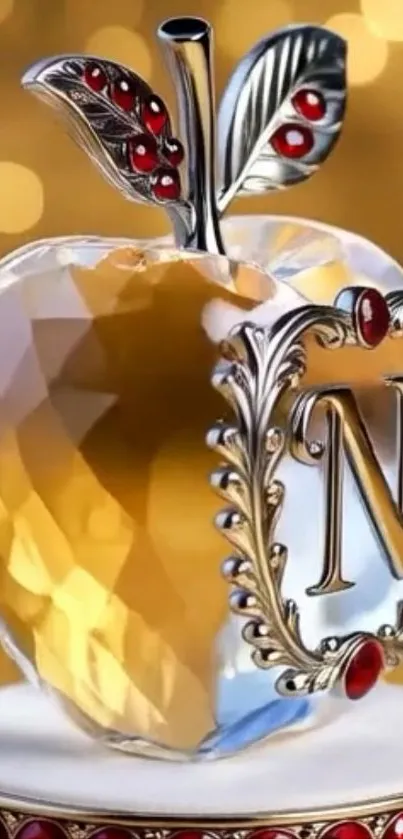 Golden crystal apple art with intricate design.