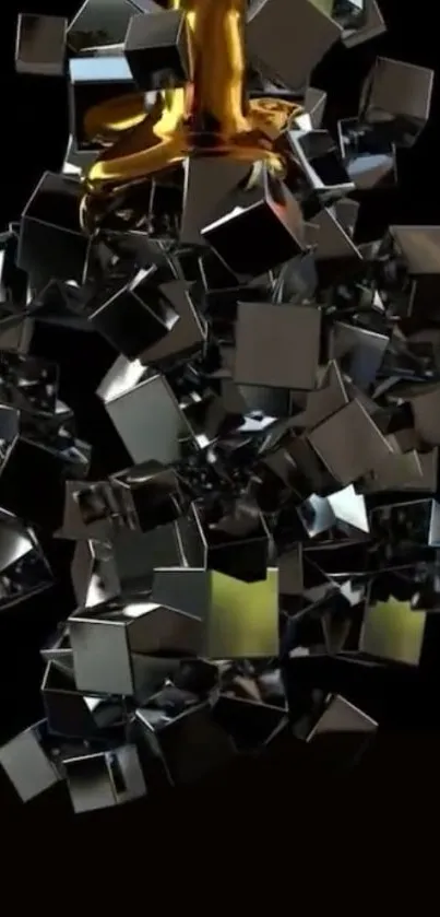 Abstract 3D golden cubes floating on black.
