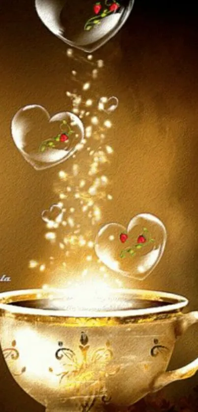 Golden cup with heart bubbles creating a magical, artistic wallpaper design.