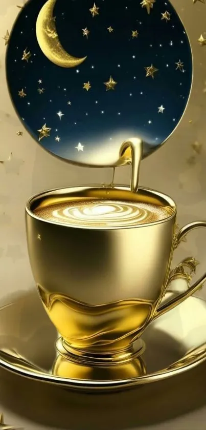 Golden coffee cup with a starry night sky above.