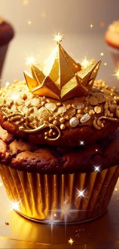 Luxurious golden cupcake with crown details, sparkles, and elegant design.