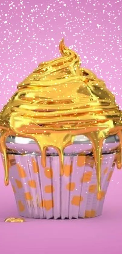 Golden cupcake with pink background wallpaper.