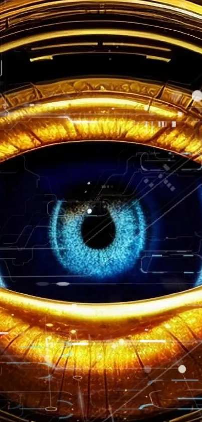 Futuristic golden cybernetic eye artwork in blue and gold tones.