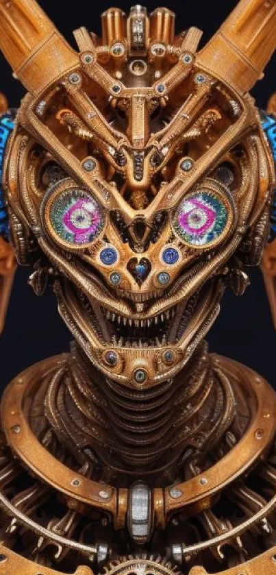 Golden cyberpunk android with colorful details and intricate design.