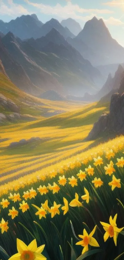 A scenic view of a sunlit valley with golden daffodils and towering mountains.