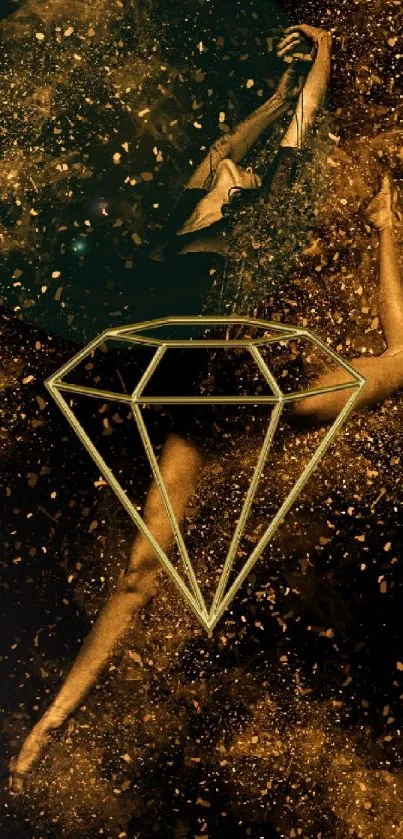 Golden abstract dancer with diamond shape on dark background.