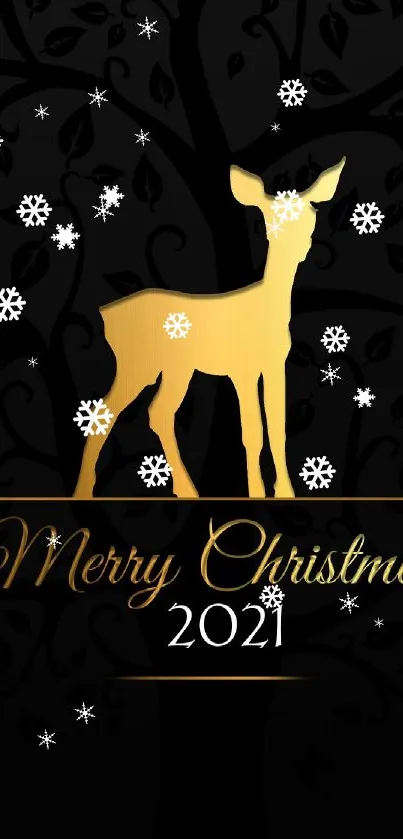 Elegant Christmas wallpaper with golden deer and snowflakes on dark background.