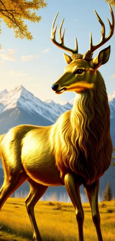 Golden deer in a mountain landscape with autumn trees and distant peaks.