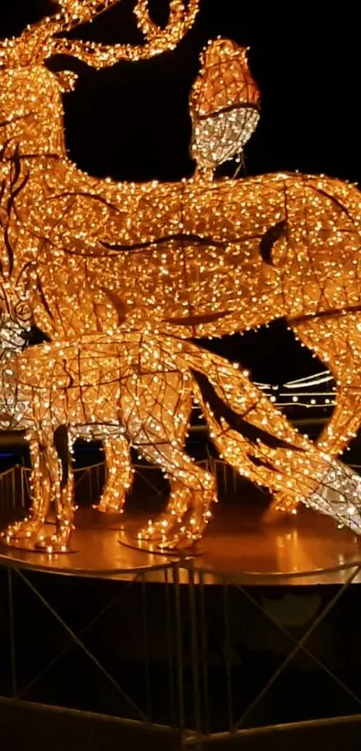 Golden lit deer sculpture at night.