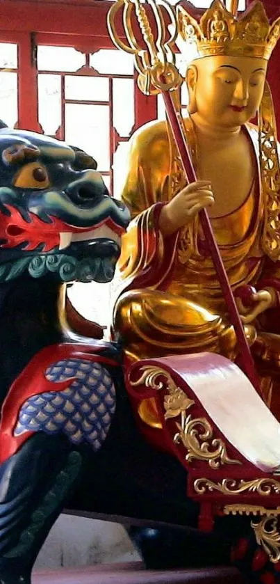 Golden deity statue with dragon design.