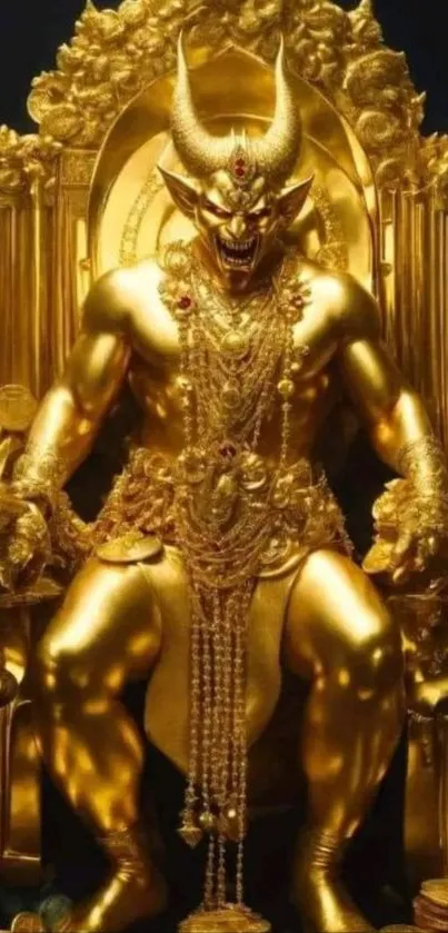 Golden demon statue seated on ornate throne.