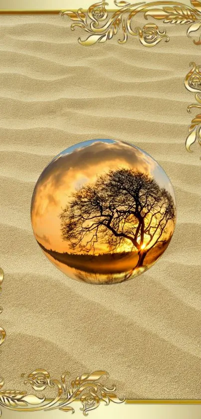 Golden desert art wallpaper with tree and floral border.