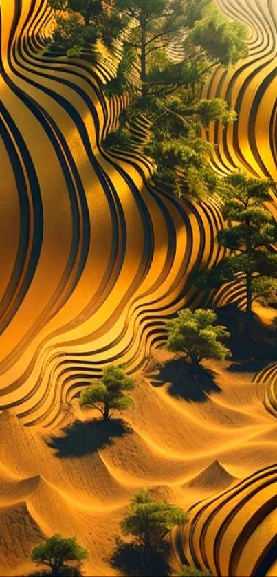 Golden desert landscape with surreal, vibrant trees and illusionary design.