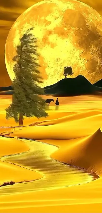 Golden desert with a large full moon in the night sky.