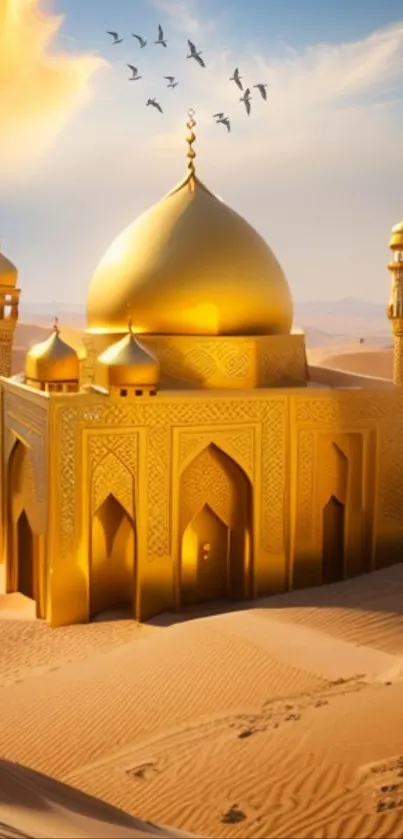 Golden mosque in desert with sunset sky and flying birds.