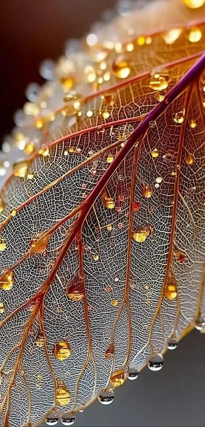 Close-up of a golden leaf with dew drops.