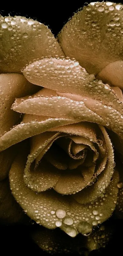 Golden rose with dew drops on petals, creating a serene mobile wallpaper effect.