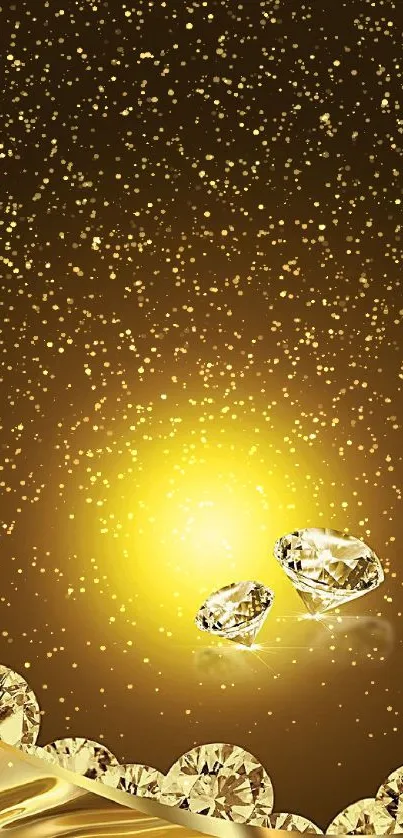 Luxurious golden diamonds on glowing background wallpaper.