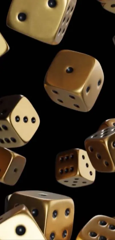 Golden dice floating on a black background.