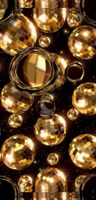 Shimmering golden disco balls on a vibrant background.