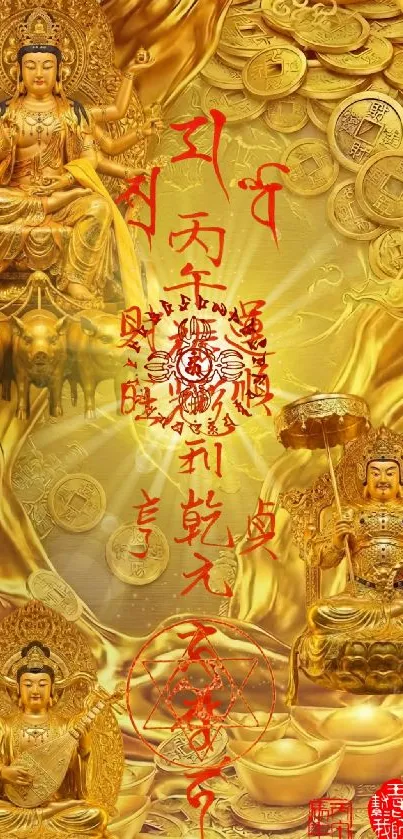 Golden deities and symbols mobile wallpaper.