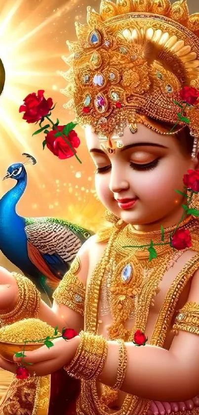 Golden adorned Baby Krishna with peacock and flowers, capturing divine beauty.