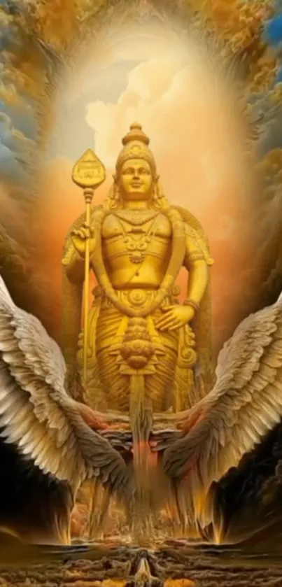 A golden deity with wings in a heavenly setting