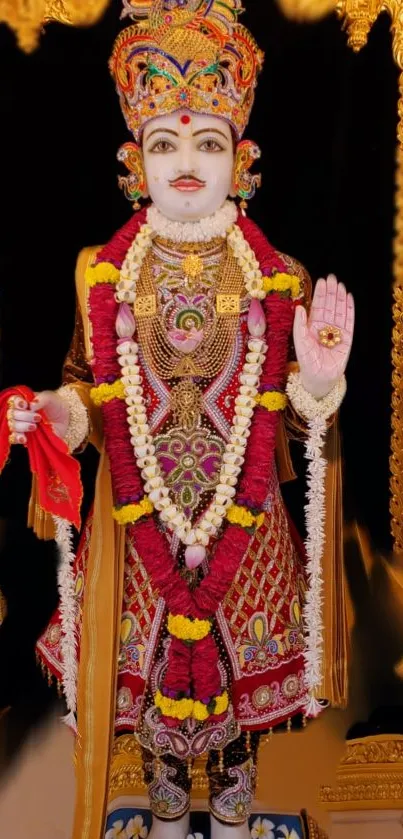 Hindu deity statue adorned in gold and vibrant garlands.