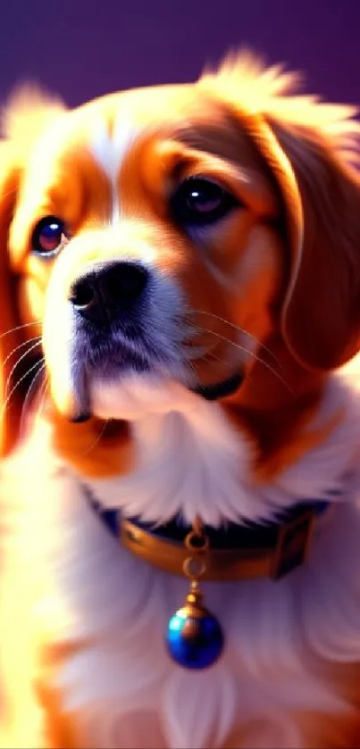 Golden dog with shining fur and collar on a vibrant background.